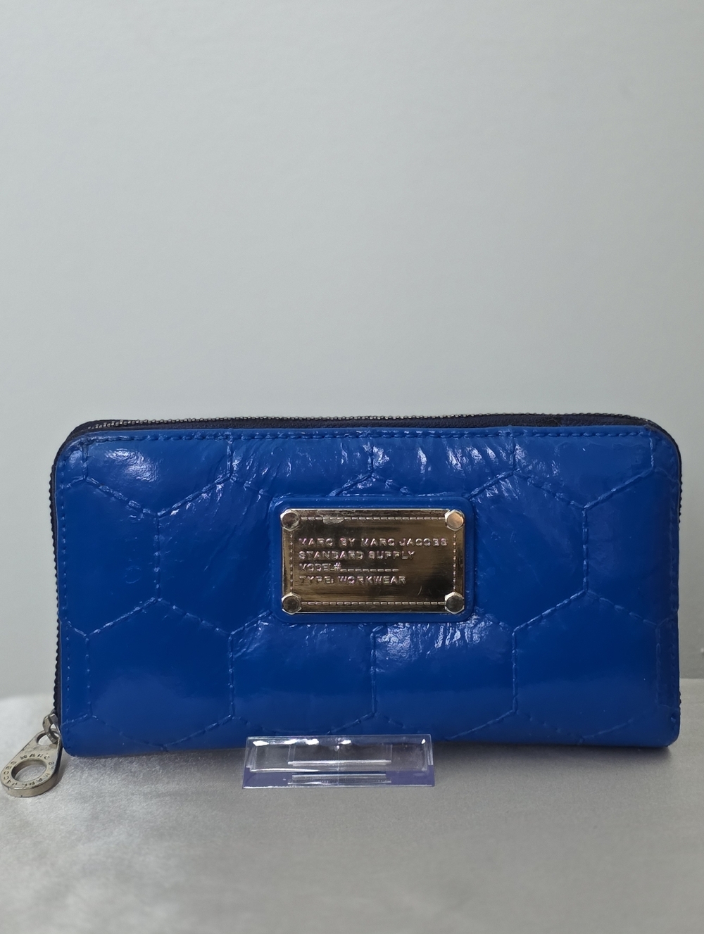 Upcycled Blue Quilted Leather Zip Around Wallet Gold Logo